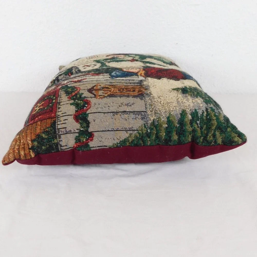 Christmas Tapestry Throw Pillow Snowman Kids Holiday Dr. Sled 15.5x11.5 Burgundy